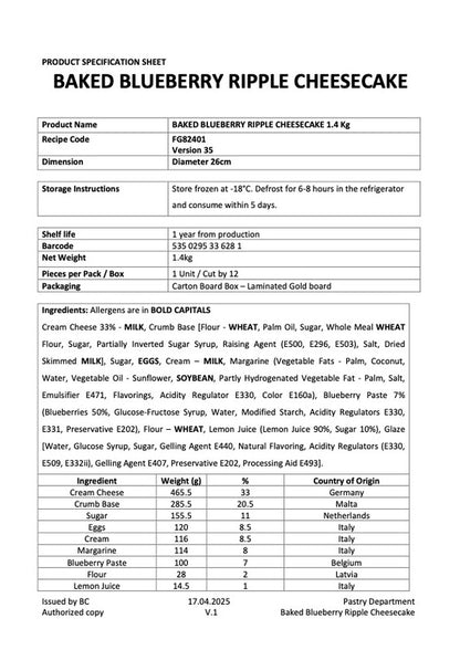 Blueberry Baked Cheesecake 14 Point // 1400Gr 